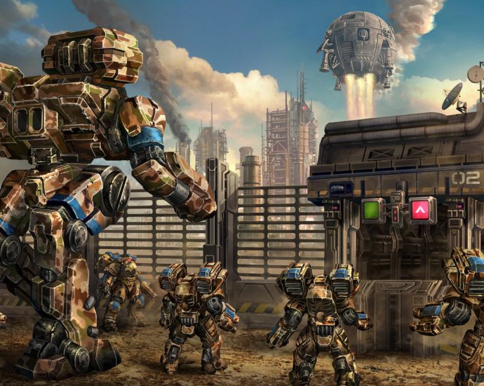 BattleMech and Battle Armor watch a DropShip descend to a spaceport