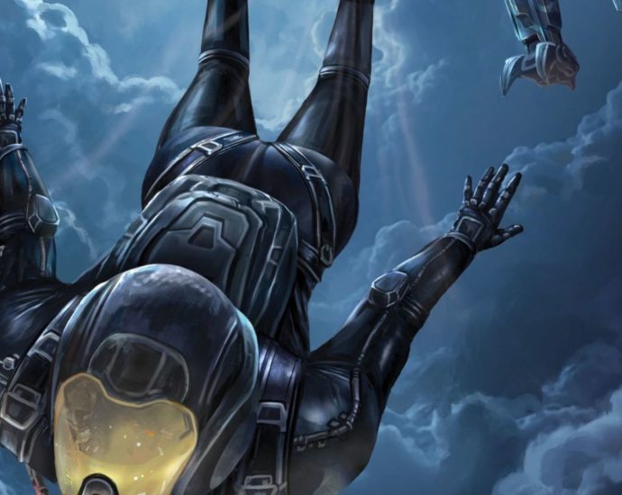 Kenja freefalling in spec ops gear while an ally Sea Fox BattleMech drops with her.
